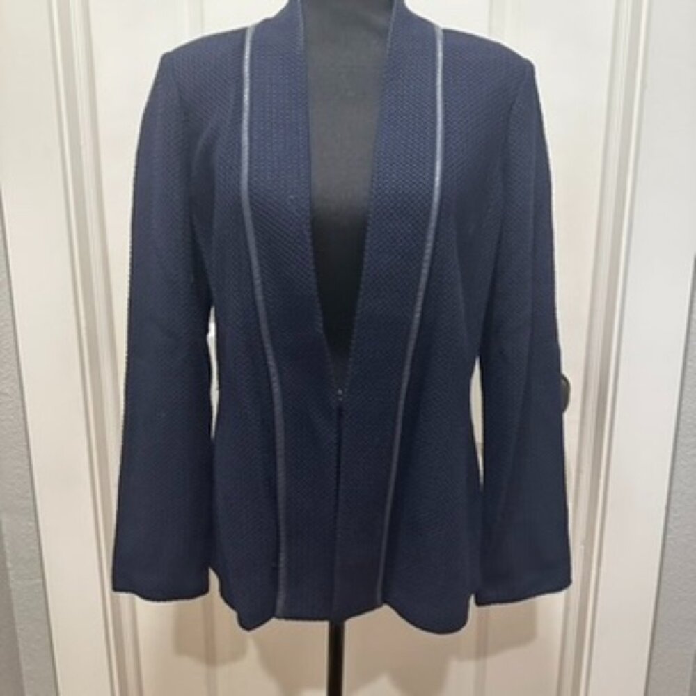 St. John Navy Blue Striped Blazer with Leather Trim & Open Front - Size 12